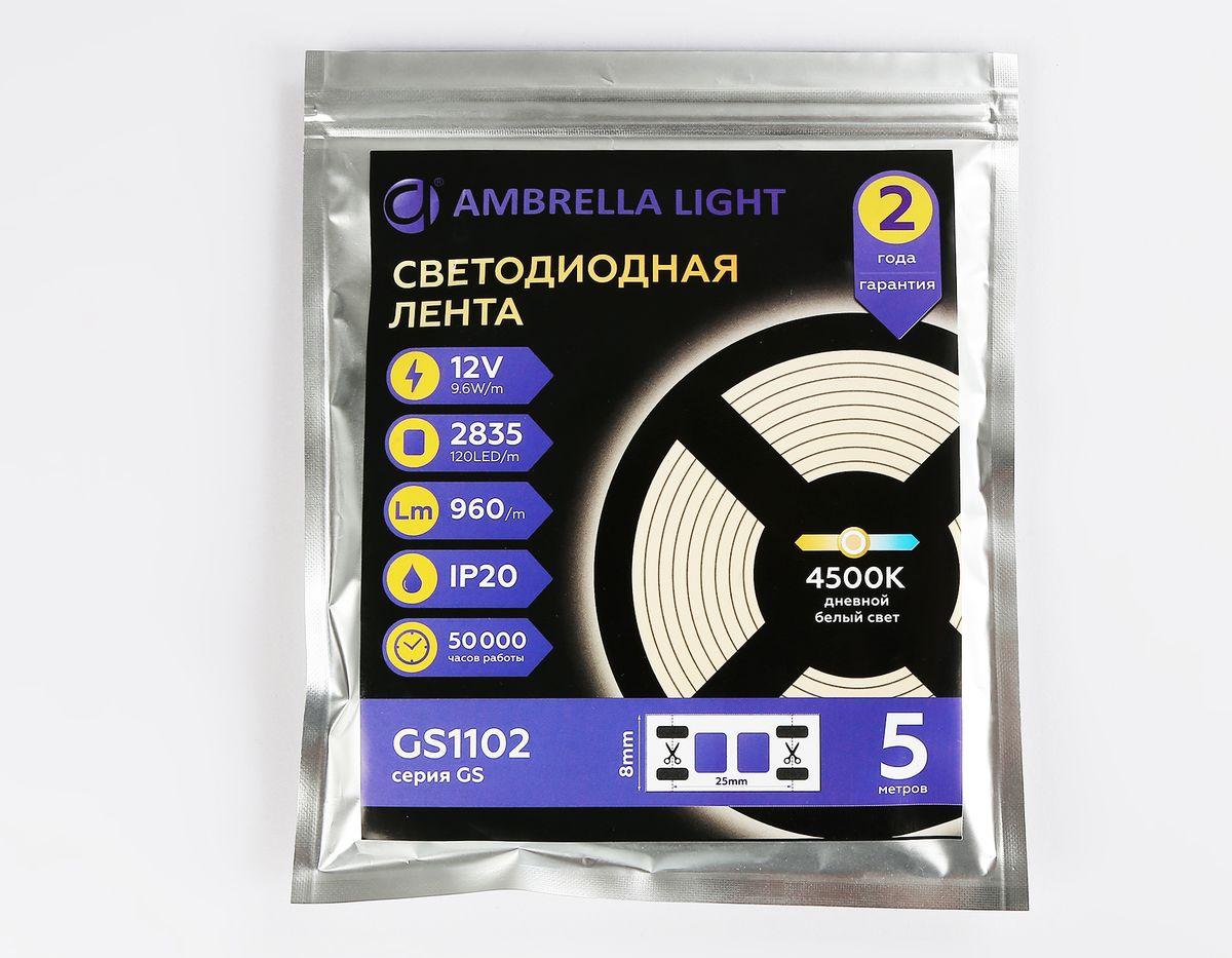 фото светодиодная лента дневной белый ambrella light 9,6w/m 120led/m 2835smd 4500к 5m gs1102 | 220svet.ru