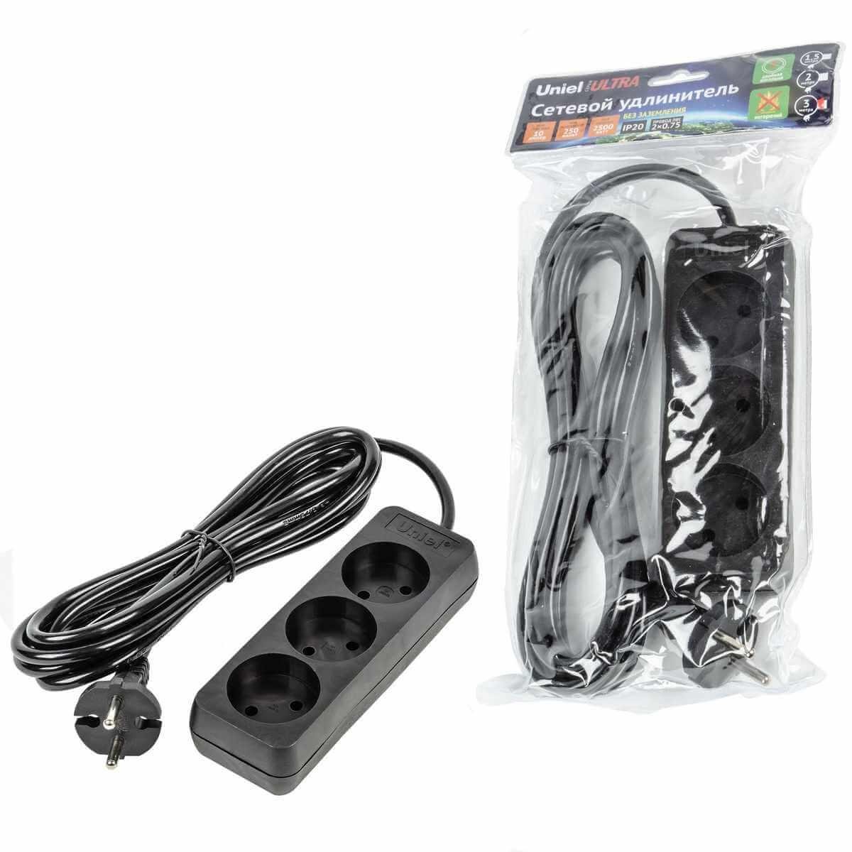 фото удлинитель uniel ultra 3гн х 3м б/з s-cu3-3 black ul-00009983 | 220svet.ru