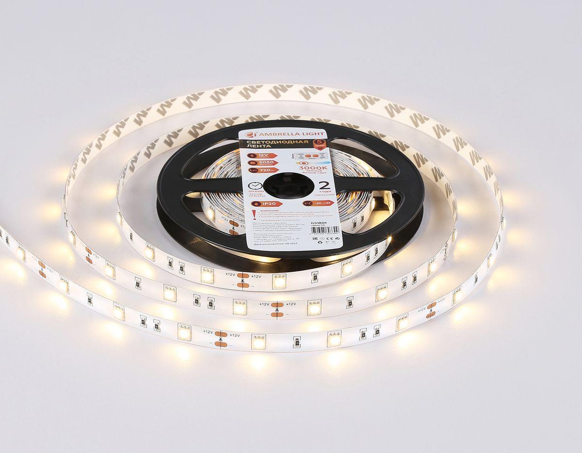 фото светодиодная лента теплый белый ambrella light 7,2w/m 30led/m 5050smd 3000к 5m gs1801 | 220svet.ru