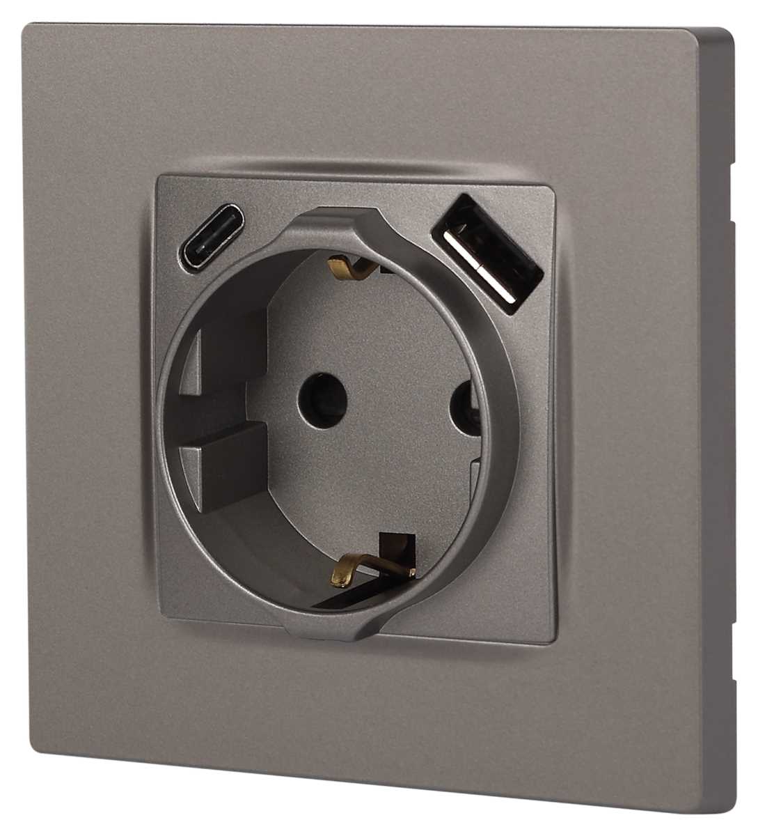 фото розетка эра серия 12 12-4108-16 2p+e 16a-250в со шторками с usb type-a+c 5в-3а титан б0067762 | 220svet.ru
