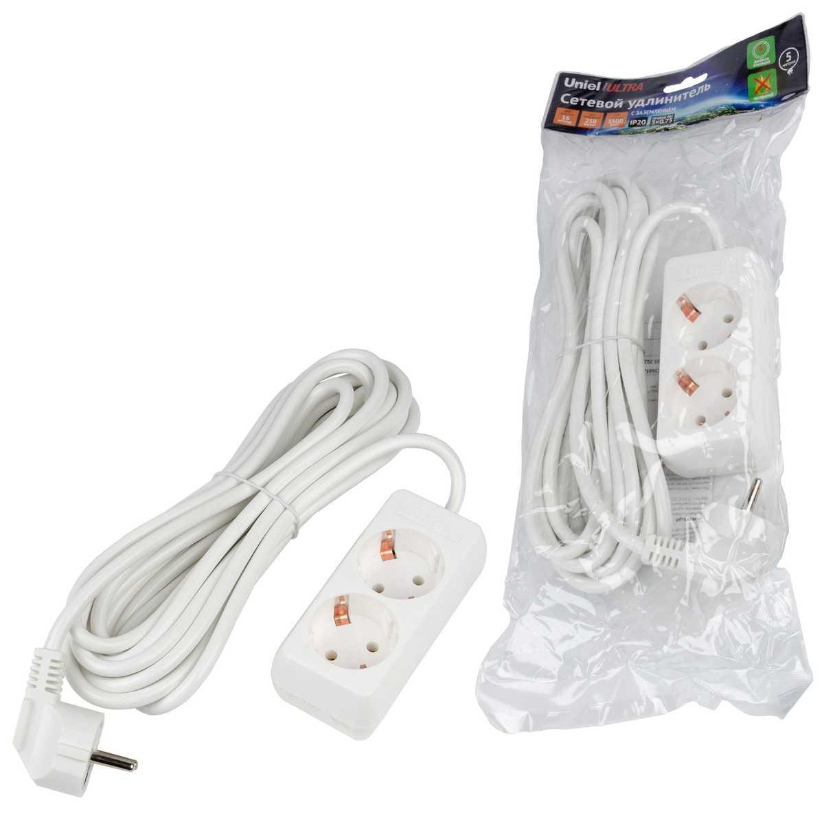 фото удлинитель uniel ultra 2гн х 5м с/з s-gcu2-5 white ul-00009999 | 220svet.ru