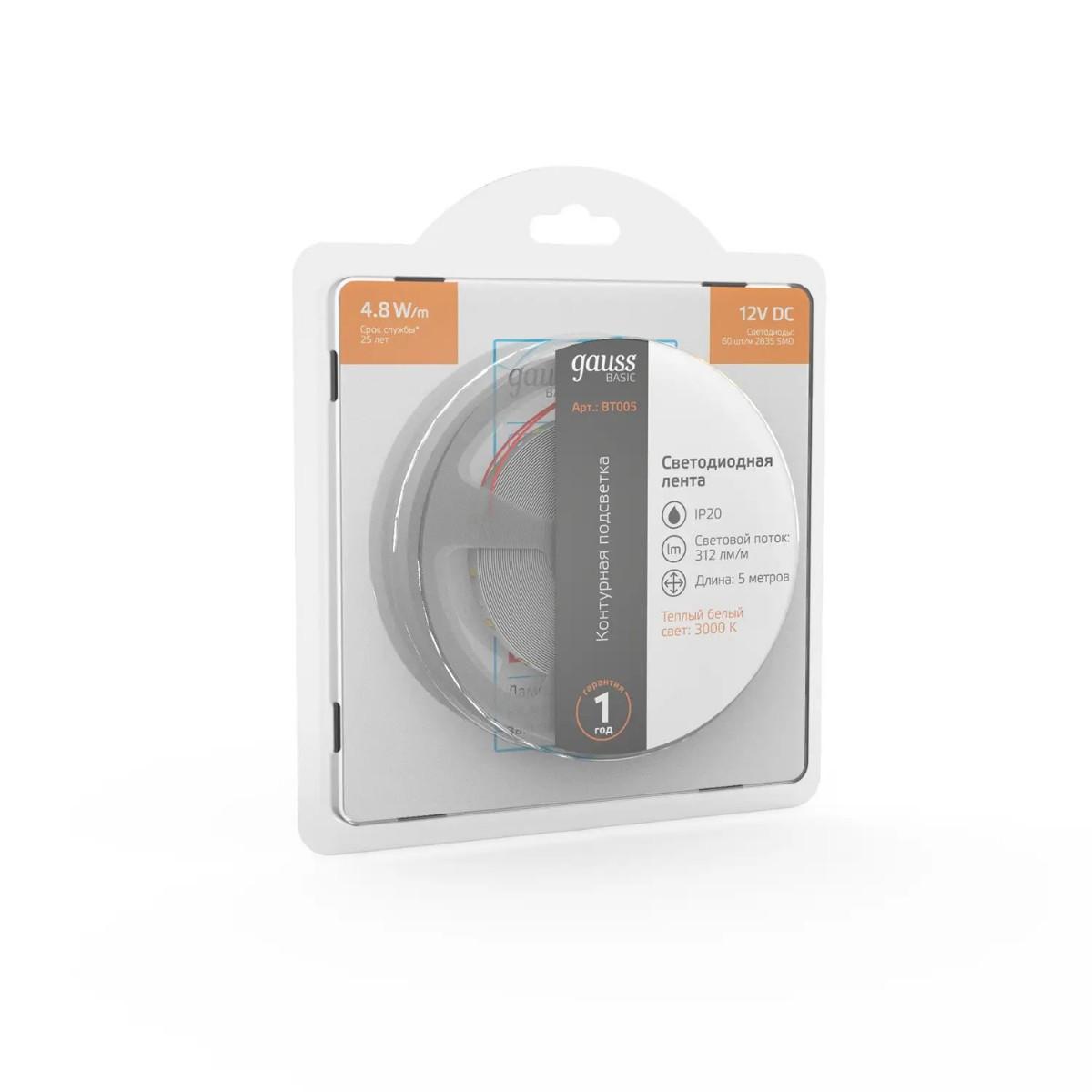 фото лента gauss 4,8w/m 60led/m 2835smd теплый белый 5m bt005 | 220svet.ru