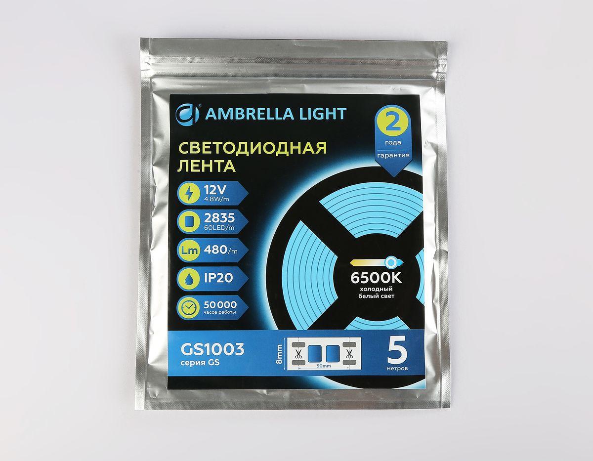 фото светодиодная лента холодный белый ambrella light 4,8w/m 60led/m 2835smd 6500к 5m gs1003 | 220svet.ru