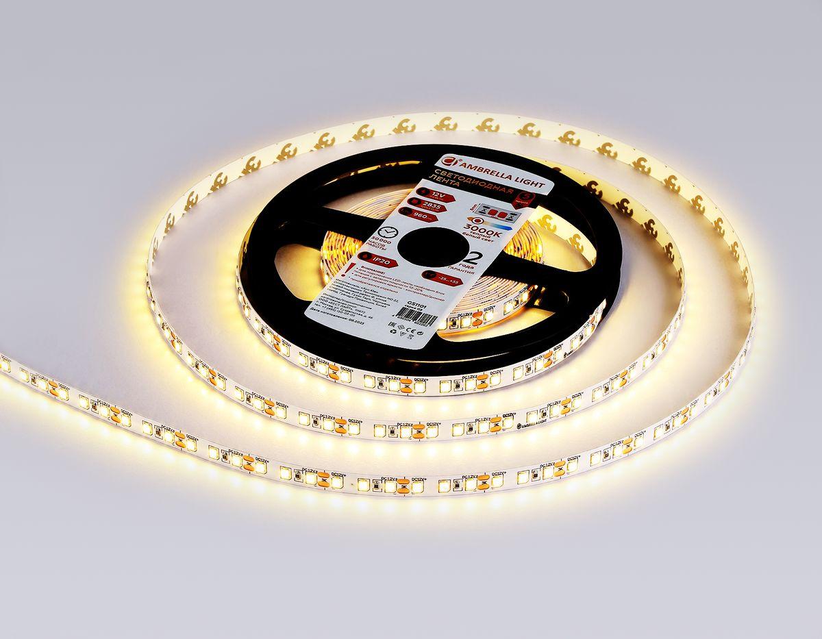фото светодиодная лента ambrella light 9,6w/m 120led/m 2835smd теплый белый 5m gs1101 | 220svet.ru