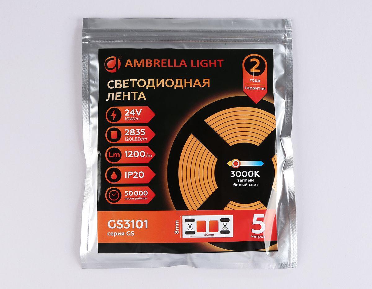фото светодиодная лента теплый белый ambrella light 10w/m 120led/m 2835smd 3000к 5m gs3101 | 220svet.ru